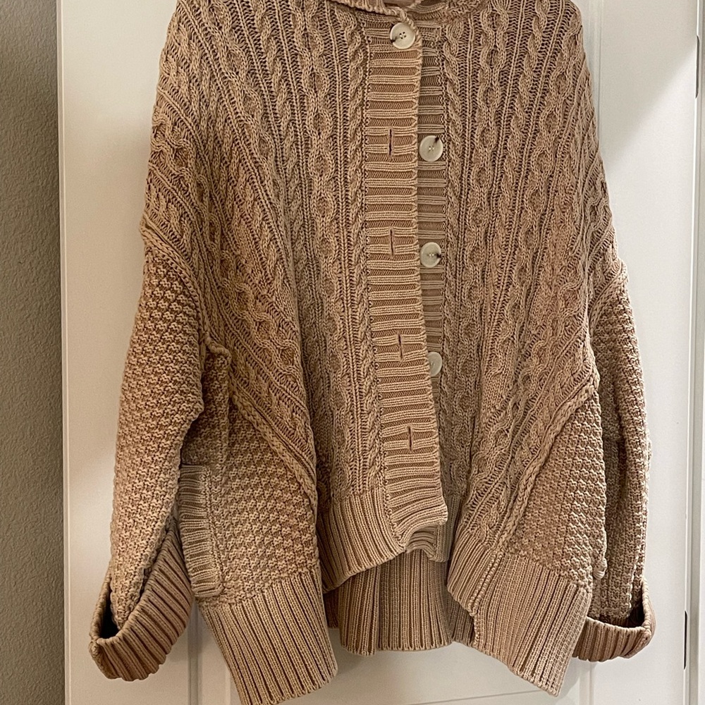 Free People Textured Knit Cardigan - Beige with Hood